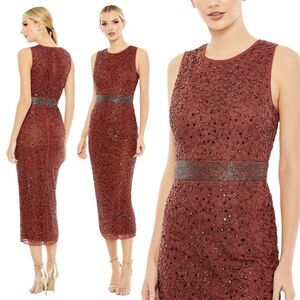 Mac Duggal NEW Geometric Embellished‎ Sleeveless Sheath Midi Dress Brick Size 14